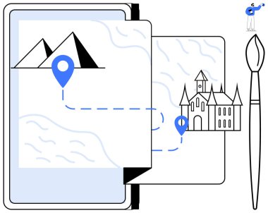 Tablet screen displays pyramids with a blue marker, a route leading to a castle on paper with a paintbrush. Ideal for art, design, creativity, travel, innovation, exploration education. Modern