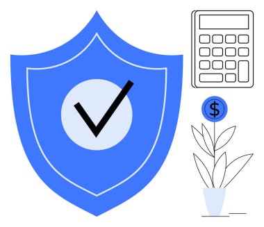 Blue shield with checkmark, potted money plant, and calculator represent finance, protection, growth, and calculations. Ideal for insurance, investment, banking budgeting planning compliance