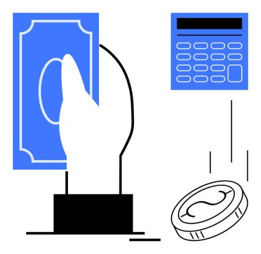 Hand holding paper money, falling coin, and digital calculator portray payment, budgeting, and economic management. Ideal for finance, accounting, wealth, expenses trade economy simple flat