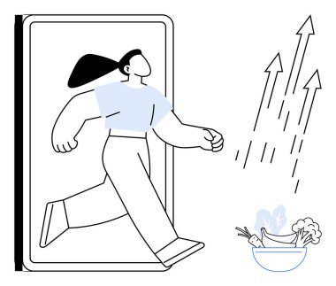 Woman strides confidently out of a digital frame toward progress, symbolized by upward arrows and a bowl of fresh vegetables and fruits. Ideal for personal growth, health, wellness, digital