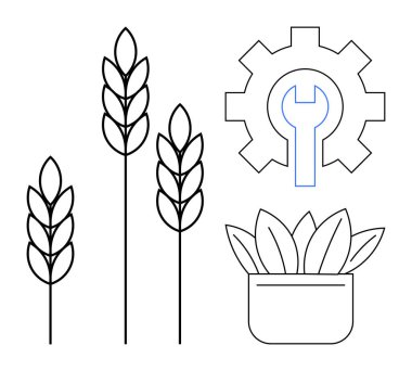 Wheat stalks, a gear with a wrench, and a potted plant symbolizing farming, innovation, sustainability. Ideal for modern agriculture, technology, industry, sustainability growth food production
