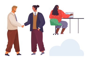 Two professionals shaking hands in agreement with a colleague working on a laptop in the background. Ideal for collaboration, teamwork, networking, partnership, professional success, remote work