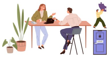 Team discussion over coffee at the desk with laptop and file, plants adding calm setting, man carrying puzzle piece, door with unlock motif. Ideal for teamwork, strategy, problem-solving, creativity