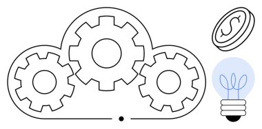 Cloud shape with integrated gears, a coin, and a light bulb symbolizing innovation, investment, teamwork, technology, cloud computing, business growth, and idea generation in a simple flat metaphor