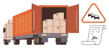 Cargo truck loaded with boxes, traffic sign indicating congestion, signed document scroll. Ideal for logistics, transport, shipping, freight, delivery, documentation traffic safety simple flat