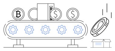 Conveyor belt with Bitcoin, dollar coins, and gears symbolizing currency manufacturing. Ideal for fintech, finance automation, cryptocurrency, digital economy, technology, investment innovation