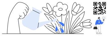 Hand pouring water on blooming flowers representing growth and nurturing, while a person holds a light bulb with a briefcase. Ideal for innovation, inspiration, teamwork, education, business growth