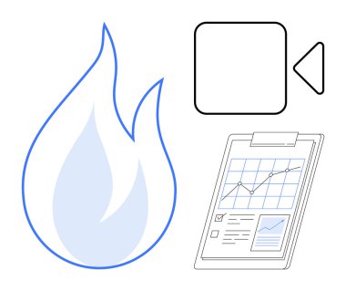 Fire icon, video play symbol, clipboard with business data and charts. Ideal for growth, analysis, planning, innovation, communication, media teamwork in a simple flat metaphor