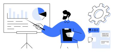 Man with clipboard explaining charts and graphs on a presentation board, gear and dialogue icons. Ideal for analytics, teamwork, strategy, education, leadership, business planning technology. Simple