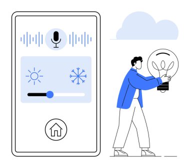 Phone interface with microphone icon, temperature slider, and user holding a glowing light bulb. Ideal for technology, smart home, innovation, IoT, automation energy efficiency creativity. A simple