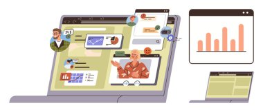 Laptop screen with video conferencing, data charts, avatars, message notifications, and analytics windows. Ideal for remote work, communication, teamwork, business strategy technology online