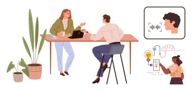 Two coworkers collaborate at a desk with a laptop, surrounded by plants. Concepts showcased include facial recognition, AI-driven speech, innovation, and problem-solving. Ideal for teamwork