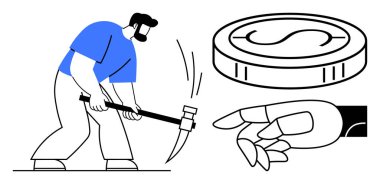 Man strikes with pickaxe as coin hovers above, robot hand offers coins below. Ideal for cryptocurrency, blockchain, digital economy, fintech, mining, technology, futuristic workforce simple flat
