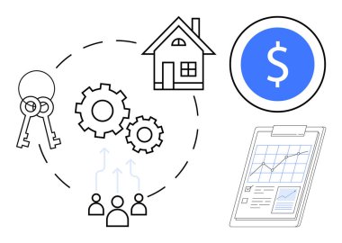 Gears, house, keys, people icons with upward arrows, dollar sign, and financial chart. Ideal for real estate, investment, finance planning property management business growth simple flat metaphor