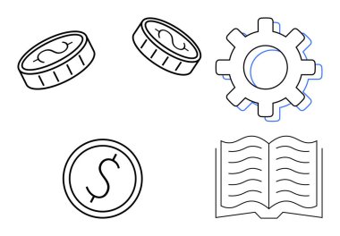 Coins, gear, and open book symbolize finance, process, learning. Ideal for business, education, development teamwork technology economy innovation concepts. Clean simple flat metaphor