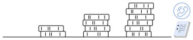 Coins stacked in ascending order symbolizing financial growth, income increase. Document and phone call icon convey business, consultation. Ideal for finance, investment, economy, success, savings