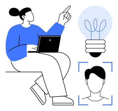 Woman using laptop pointing upward with glowing lightbulb and human face recognition frame. Ideal for creativity, technology, innovation, brainstorming, artificial intelligence, productivity, simple