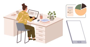 Woman focused on work at office desk using a laptop surrounded by books, plant, and coffee. Graph and smartphone symbolize data analysis, multitasking, productivity. Ideal for workflow, remote work