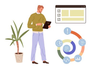 Man holding tablet beside checklist, plant, and circular infographic with analytics. Ideal for productivity, planning, data analysis, project management, business insight, digital workflows