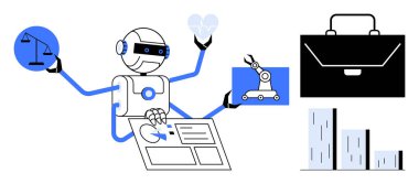 Robot multitasking with law scales, heart, robotic arm, portfolio, and data charts. Ideal for AI integration, robotics, law, innovation technology business automation simple flat metaphor