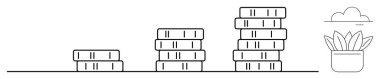 Stacked coins increase in height, symbolizing growth, progress, and investment. A potted plant and cloud add a naturalistic and aspirational touch. Ideal for finance, sustainability, success
