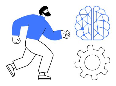 Person striding forward near brain with neural network pattern and gear icon. Ideal for progress, technology, AI, innovation, problem-solving, strategy, determination themes. Simple flat metaphor