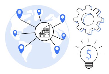 World map with industrial hub linking location marks, gear symbolizing processes, and lightbulb emphasizing economic innovation. Ideal for global trade, technology, networking, business, planning