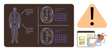 Human body anatomy and brain scans annotated with medical data, triangular alert, and chart display. Ideal for healthcare, radiology, diagnostics, warning, information systems, analysis