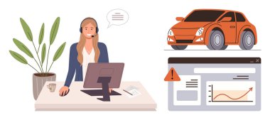 Woman at desk with headset assisting customers, orange car representing automotive sector, web data analytics with alert and graph. Ideal for customer care, automotive services, remote working, tech