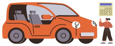 Woman in casual attire using a calculator beside a large orange car. Ideal for transportation, finance, budgeting, car purchase, auto insurance, cost analysis, or decision-making concepts. Simple