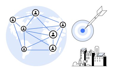 Connected network nodes over a globe, dart hitting a target, eco-friendly city. Ideal for collaboration, communication, efficiency, strategy, sustainability teamwork progress. Simple flat metaphor
