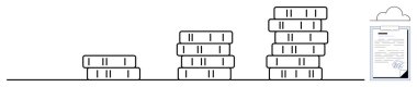 Stacked coins increase in height toward a clipboard with a document. Ideal for wealth management, saving, financial planning, business growth, investment, success tracking, simple flat metaphor