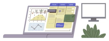 Laptop screen displaying analytics graphs, project tracker, and task progress board. Adjacent desktop monitor and potted plant. Ideal for project management, productivity, analytics, workflow, remote