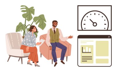 Two colleagues sit in armchairs discussing charts and reports a speedometer and browser window represent productivity. Ideal for teamwork, brainstorming, collaboration, analysis, performance