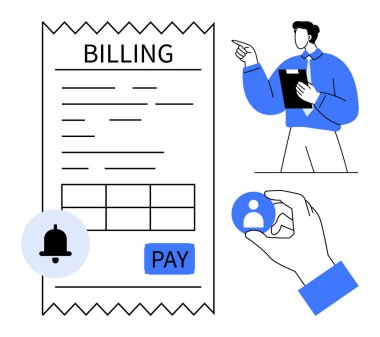 Receipt with payment details, notification bell for alerts, man holding clipboard, and profile icon. Ideal for finance, billing, notifications, user management, transactions reminders payment