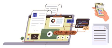 Laptop screen featuring content types thumbs up text, charts, images, videos, and code snippets, paired with mobile device and tasks. Ideal for productivity, creativity, collaboration tech remote