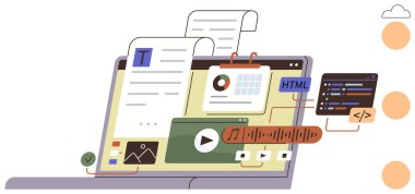 Laptop screen showcasing text, multimedia, HTML code editor, and files. Ideal for technology, coding, design, web development, productivity creativity data management simple flat metaphor
