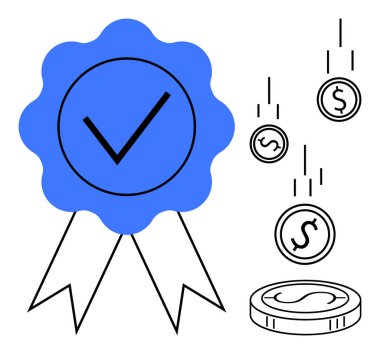 Blue verified badge with ribbons alongside falling dollar coins and a coin stack. Ideal for reward, trust, financial growth, certification, recognition, wealth creation, success representation