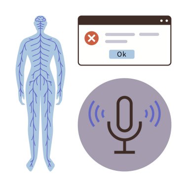 Nervous system outline, error pop-up, and microphone icon symbolizing human-machine interface, tech troubleshooting, voice communication, medical diagnostics, problem-solving, innovation, and data