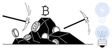 Pickaxes mining Bitcoins and coins from rocks, symbolizing cryptocurrency mining and blockchain technology. Ideal for finance, tech, innovation, investment, digital assets, cryptocurrency, economics