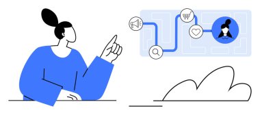 Woman pointing at a diagram with connected icons for marketing, shopping, and user profile. Ideal for customer journey, interaction, analytics, planning, strategy, design thinking simple flat