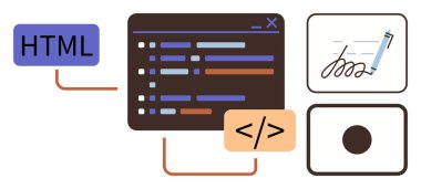 Code editor screen with HTML label, coding tags, digital signature icon, and button interface. Ideal for programming, web design, digital security, automation, UI design software engineering simple