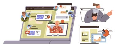 Laptop screen showcasing remote team interactions, charts, and graphs. Adjacent visuals of data presentation and a person holding a tablet. Ideal for teamwork, remote work, data sharing, business