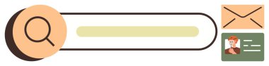 Search bar with magnifying glass, envelope, and ID card, representing search, communication, identity. Ideal for web design, email, user interface digital media contact search simple flat