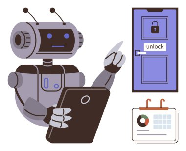Robot interacting with tablet, unlocking a secure door with unlock prompt, and a calendar interface nearby. Ideal for technology, AI, automation, cybersecurity, scheduling, innovation futurism