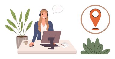 Woman in headset at desk working on computer with speech bubble and location pin. Ideal for remote work, customer service, business support, communication, geography, connection, simple flat metaphor