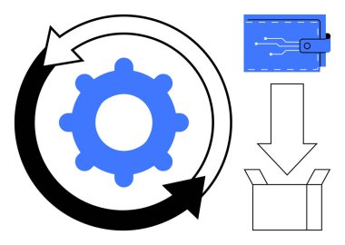 Gear surrounded by cycling arrows next to a digital wallet, download arrow, and box symbolizing process, data flow, and logistics. Ideal for automation, fintech, delivery, technology sustainability