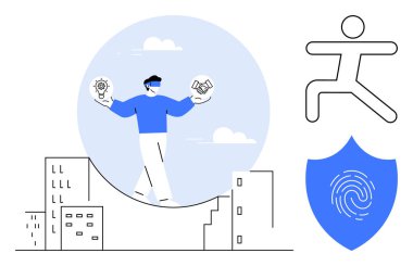 Individual walking on a curve holding icons for idea and teamwork, surrounded by cityscape. Security shield with fingerprint and progress icon nearby. Ideal for balance, innovation, teamwork