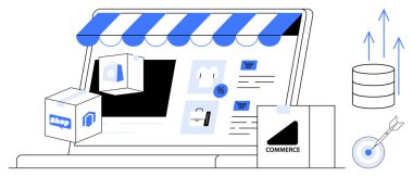 Online shop interface with storefront awning, product icons, shopping cart, delivery boxes, growth arrows, and target. Ideal for eCommerce, retail, logistics marketing growth strategy online
