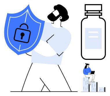 Person holding shield with lock symbol, medicine bottle, user on laptop. Ideal for health security, data safety, online protection, medical tech, cybersecurity, safety metaphor simple flat metaphor